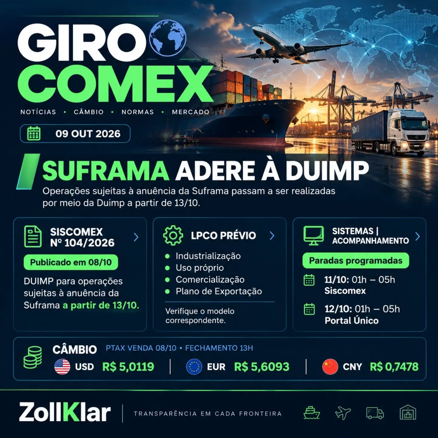 Giro COMEX de 09/10/2026 — Suframa adere à DUIMP