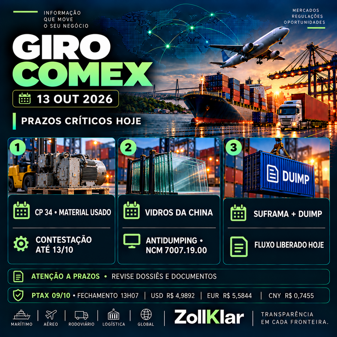Giro COMEX de 13/10/2026 — prazos críticos para material usado e defesa comercial