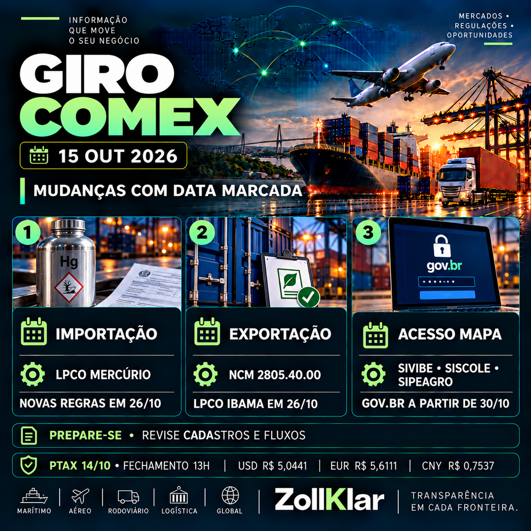 Giro COMEX de 15/10/2026 — LPCO para mercúrio e acesso Gov.br nos sistemas do MAPA